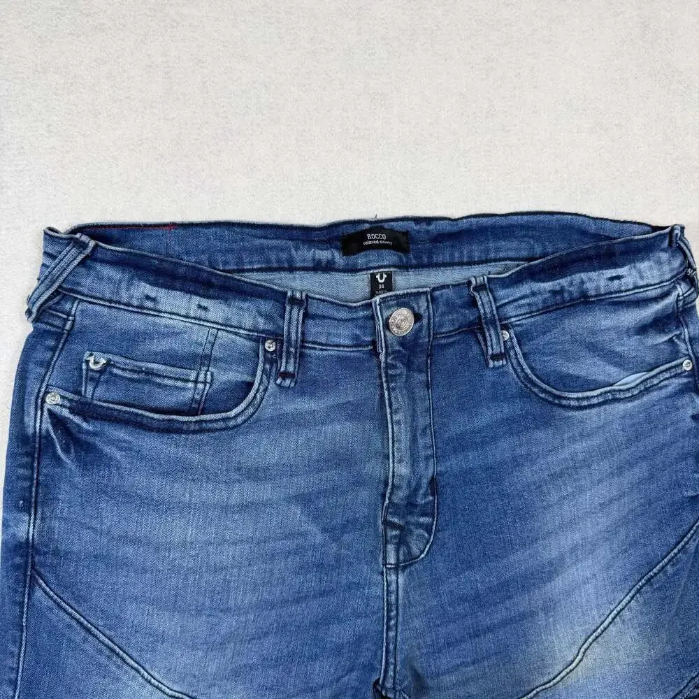 True Religion Jeans Mens 34 (Fits 34x33) Blue Rocco Skinny Moto Biker Denim